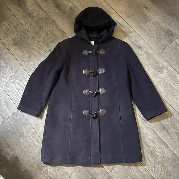 LL Bean Women's Classic Lambswool Duffel Coat Size 14 Petite Navy - Picture 1 of 10